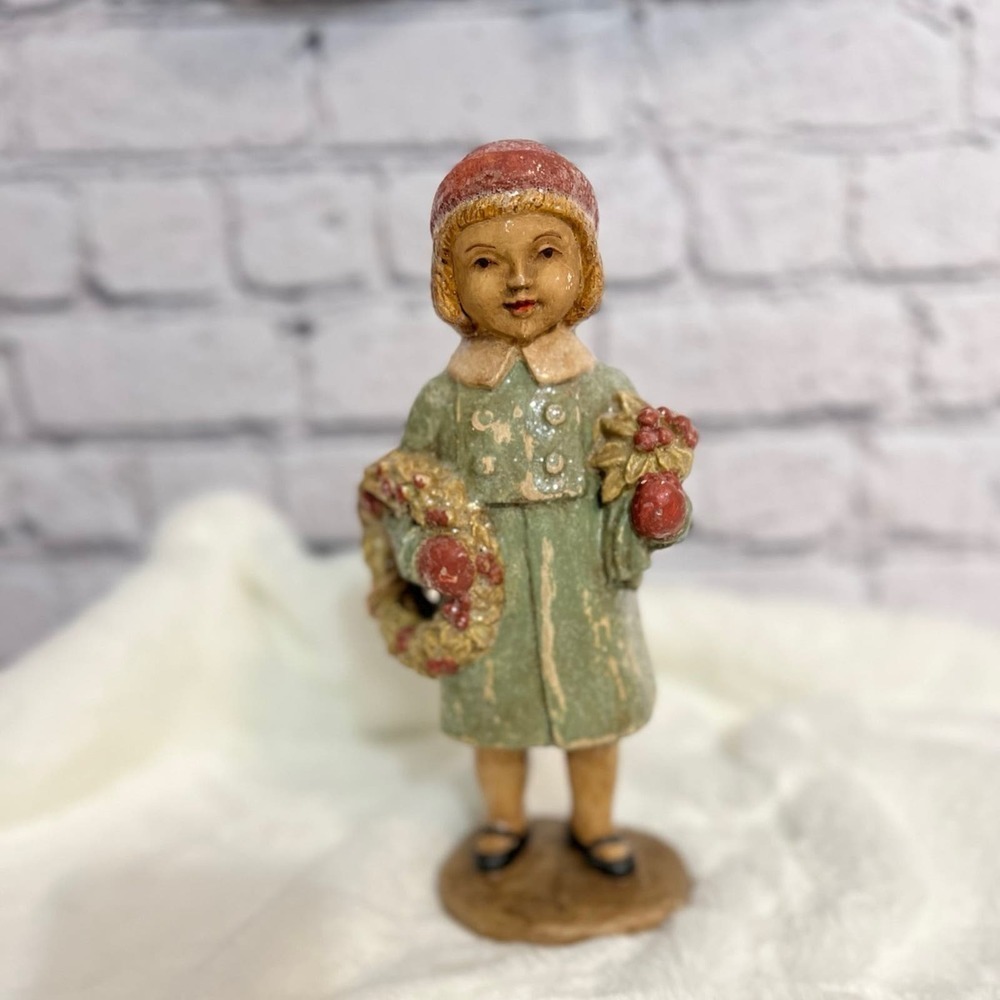 Old World Christmas Boy holding‎ Wreath Poinsettias Sparkles